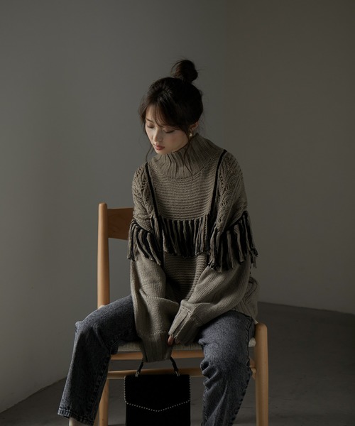 Fashion Letter（ファッションレター）の「配色フリンジハイネックニット（ニット/セーター・レディース・ブラック/グレイッシュベージュ/モカ/アイボリー・M）」の20枚目の写真