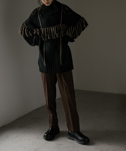 Fashion Letter（ファッションレター）の「配色フリンジハイネックニット（ニット/セーター・レディース・ブラック/グレイッシュベージュ/モカ/アイボリー・M）」の7枚目の写真