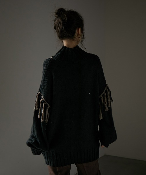 Fashion Letter（ファッションレター）の「配色フリンジハイネックニット（ニット/セーター・レディース・ブラック/グレイッシュベージュ/モカ/アイボリー・M）」の12枚目の写真