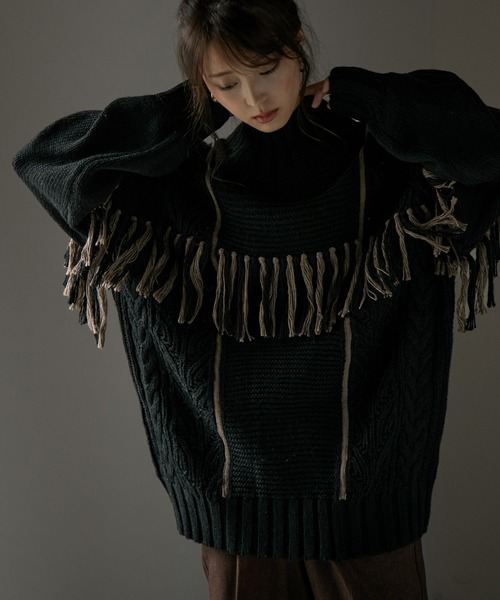 Fashion Letter（ファッションレター）の「配色フリンジハイネックニット（ニット/セーター・レディース・ブラック/グレイッシュベージュ/モカ/アイボリー・M）」の21枚目の写真