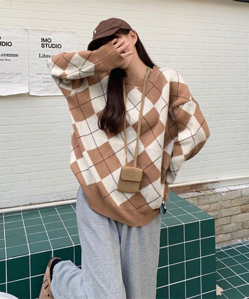 【美品】sulvam 22AW アーガイル オーバーサイズニット ベージュ ビッグシルエットアーガイルニット（ニット/セーター）｜me+em