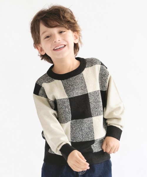 BRANSHES（ブランシェス）の「【洗濯機で洗える】チェックウォッシャブルニット（ニット/セーター・キッズ・ベージュ/ブルー・140/110/130/150/100/120/90）」の2枚目の写真