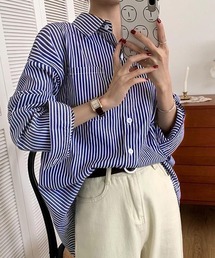 ストライプ胸ポケット付きオーバーサイズ長袖シャツ
