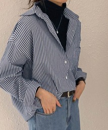 ストライプ胸ポケット付きオーバーサイズ長袖シャツ