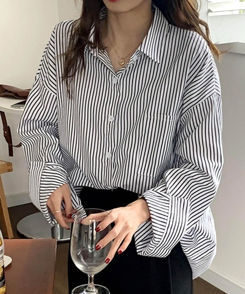 セール】ストライプ胸ポケット付きオーバーサイズ長袖シャツ（シャツ