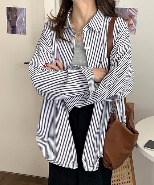 セール】ストライプ胸ポケット付きオーバーサイズ長袖シャツ（シャツ