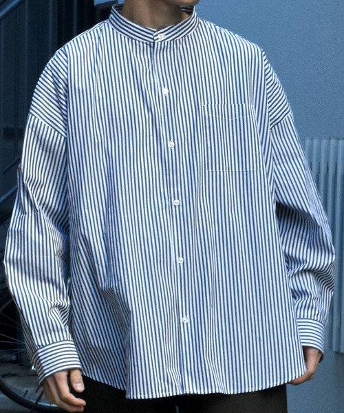 イレーヴ　 ストライプバンドカラーシャツ YLEVE（イレーヴ）120/2コットンタイプライターストライプバンド