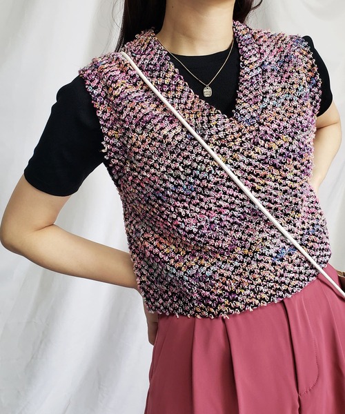 me+em select(ミームセレクト)の「ファンシーヤーンカラーループベスト【韓国製】(ベスト・レディース・ブラック/ピンク/ブルー・FREE)」の18枚目の写真