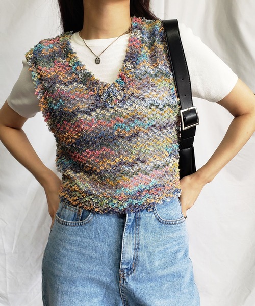 me+em select(ミームセレクト)の「ファンシーヤーンカラーループベスト【韓国製】(ベスト・レディース・ブラック/ピンク/ブルー・FREE)」の20枚目の写真