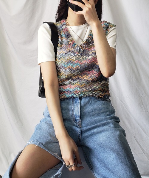 me+em select(ミームセレクト)の「ファンシーヤーンカラーループベスト【韓国製】(ベスト・レディース・ブラック/ピンク/ブルー・FREE)」の10枚目の写真