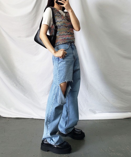 me+em select(ミームセレクト)の「ファンシーヤーンカラーループベスト【韓国製】(ベスト・レディース・ブラック/ピンク/ブルー・FREE)」の6枚目の写真