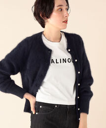 ヘアリーパール釦クルーネックカーディガン