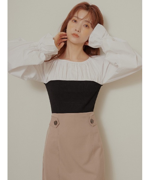 Stylevoice for xxx(スタイルヴォイスフォー)の「ニットビスチェドッキングブラウス(シャツ/ブラウス・レディース・ライトベージュ/ブラック・FREE)」の3枚目の写真