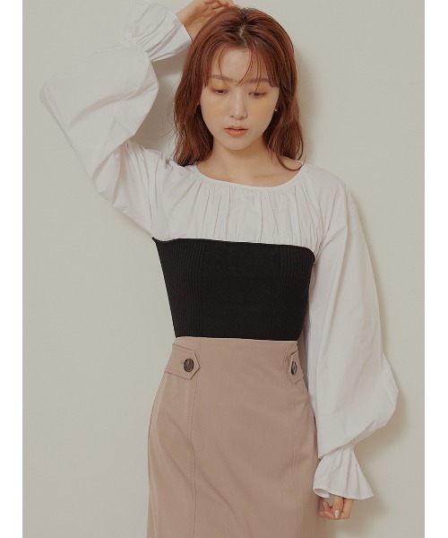 Stylevoice for xxx(スタイルヴォイスフォー)の「ニットビスチェドッキングブラウス(シャツ/ブラウス・レディース・ライトベージュ/ブラック・FREE)」の20枚目の写真