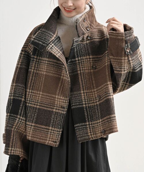rps（アールピーエス）の「チェック柄ショート丈スタンドカラーコート（その他アウター・レディース・ブラウン/グリーン・M/L）」の6枚目の写真