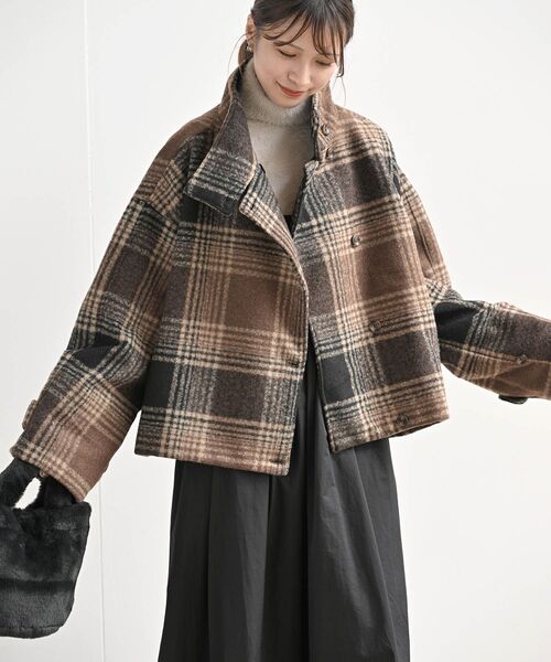 rps（アールピーエス）の「チェック柄ショート丈スタンドカラーコート（その他アウター・レディース・ブラウン/グリーン・M/L）」の18枚目の写真