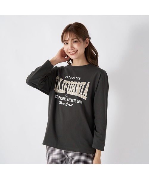 Ocean Pacific(オーシャンパシフィック)の「Ocean Pacific/オーシャンパシフィック コットン カリフォルニア カレッジ ロゴ プリント ドロップショルダー クルーネック 長袖 Tシャツ ロンT(Tシャツ/カットソー・レディース・ベージュ/グリーン/ホワイト/ヘザーグレー/チャコールグレー・L/M/XL)」の1枚目の写真