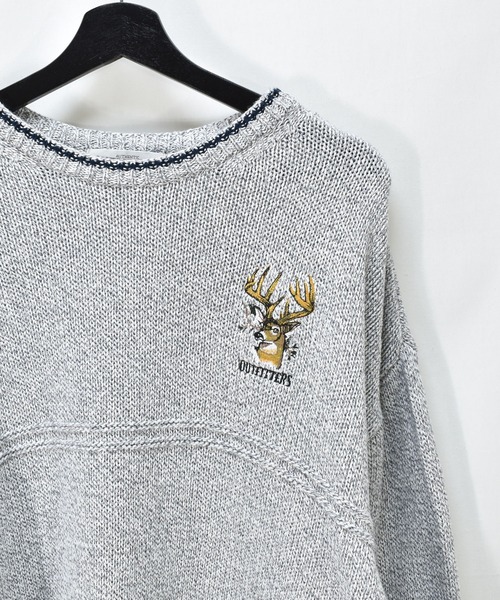 VINTAGE(ヴィンテージ)の「【ヴィンテージ古着】90s OUTFITTERS 鹿 アニマル刺繍 コットンニット セーター(ニット/セーター・メンズ・グレー・X-LARGE)」の1枚目の写真