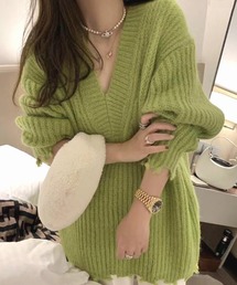 裾ダメージVネックビッグニット