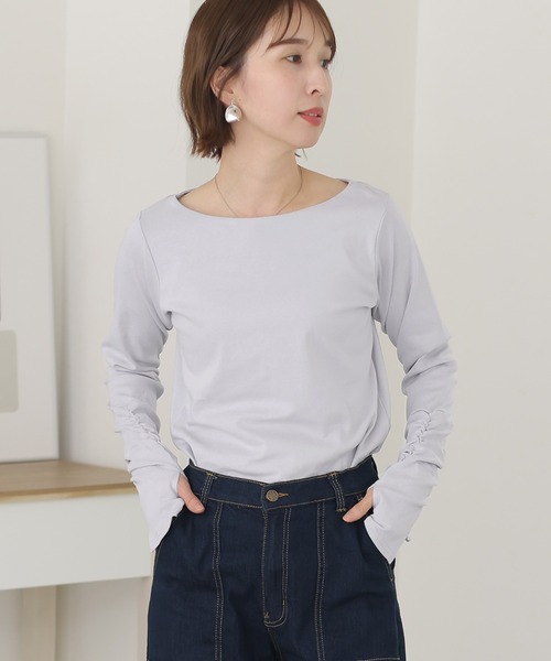 ElegChic(エレグシック)の「ボートネック指空きTシャツ 長袖(Tシャツ/カットソー・レディース・杢グレー/オフホワイト/チャコールグレー/カーキ/グレイッシュベージュ/ブラック/ネイビー/パープル系その他/ライトグレー・M/L/XL/3L/4L)」の4枚目の写真