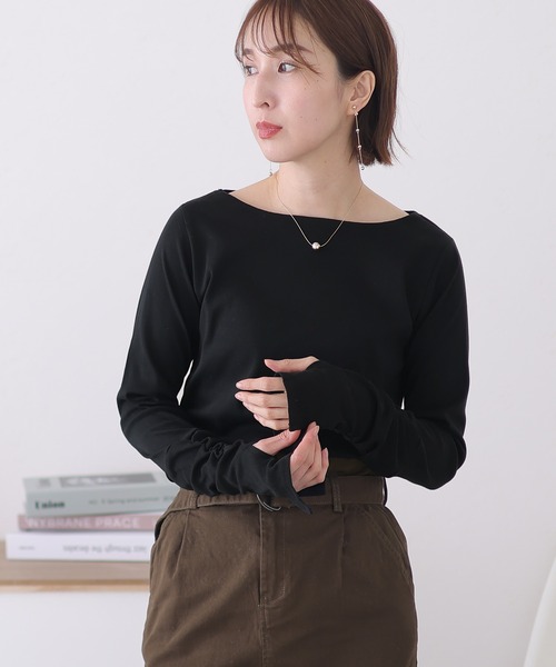 ElegChic(エレグシック)の「ボートネック指空きTシャツ 長袖(Tシャツ/カットソー・レディース・杢グレー/オフホワイト/チャコールグレー/カーキ/グレイッシュベージュ/ブラック/ネイビー/パープル系その他/ライトグレー・M/L/XL/3L/4L)」の16枚目の写真