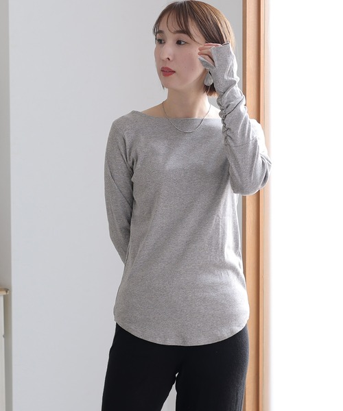 ElegChic(エレグシック)の「ボートネック指空きTシャツ 長袖(Tシャツ/カットソー・レディース・杢グレー/オフホワイト/チャコールグレー/カーキ/グレイッシュベージュ/ブラック/ネイビー/パープル系その他/ライトグレー・M/L/XL/3L/4L)」の11枚目の写真