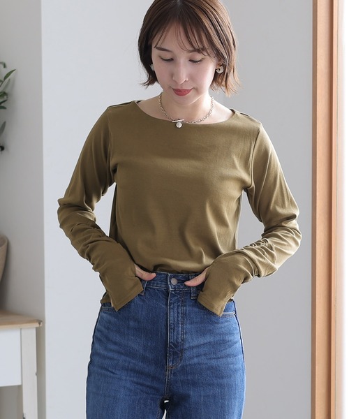 ElegChic(エレグシック)の「ボートネック指空きTシャツ 長袖(Tシャツ/カットソー・レディース・杢グレー/オフホワイト/チャコールグレー/カーキ/グレイッシュベージュ/ブラック/ネイビー/パープル系その他/ライトグレー・M/L/XL/3L/4L)」の18枚目の写真