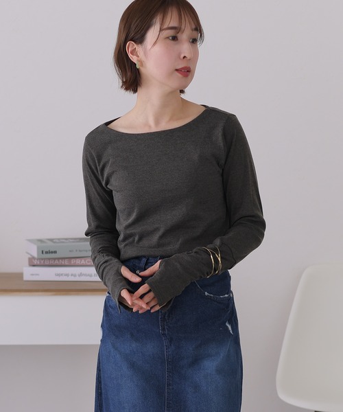 ElegChic(エレグシック)の「ボートネック指空きTシャツ 長袖(Tシャツ/カットソー・レディース・杢グレー/オフホワイト/チャコールグレー/カーキ/グレイッシュベージュ/ブラック/ネイビー/パープル系その他/ライトグレー・M/L/XL/3L/4L)」の19枚目の写真