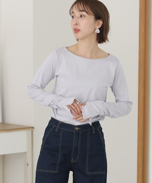 ElegChic(エレグシック)の「ボートネック指空きTシャツ 長袖(Tシャツ/カットソー・レディース・杢グレー/オフホワイト/チャコールグレー/カーキ/グレイッシュベージュ/ブラック/ネイビー/パープル系その他/ライトグレー・M/L/XL/3L/4L)」の20枚目の写真