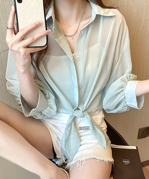 Amulet(アミュレット)の「裾結びシアーシャツ(シャツ/ブラウス・レディース・ホワイト/ブラック/パープル/グリーン・FREE)」の12枚目の写真