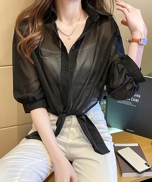 Amulet(アミュレット)の「裾結びシアーシャツ(シャツ/ブラウス・レディース・ホワイト/ブラック/パープル/グリーン・FREE)」の14枚目の写真