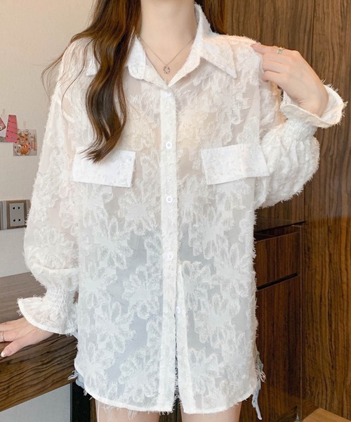 Sibra(シブラ)の「シアーシャツ(シャツ/ブラウス・レディース・ピンク/アイボリー/ブラック/ホワイト・M)」の9枚目の写真