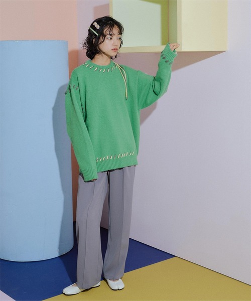 miette（ミエット）の「配色ｽﾃｯﾁｵｰﾊﾞｰｻｲｽﾞﾆｯﾄ（ニット/セーター・レディース・ピンク/グリーン/ブラック/アイボリー・FREE）」の6枚目の写真