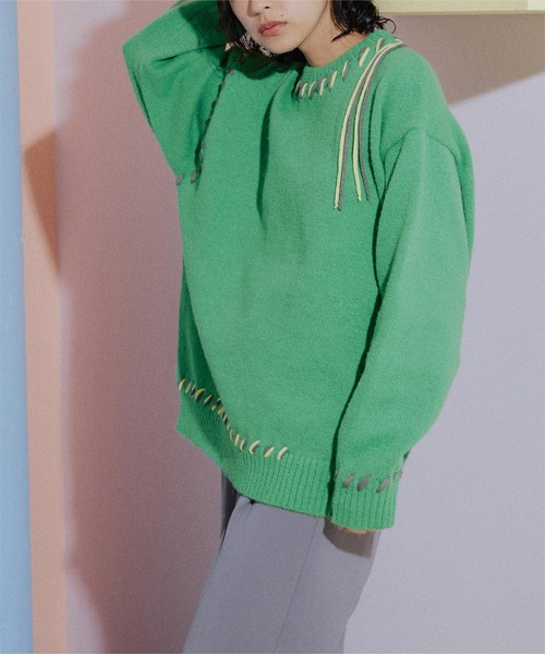 miette（ミエット）の「配色ｽﾃｯﾁｵｰﾊﾞｰｻｲｽﾞﾆｯﾄ（ニット/セーター・レディース・ピンク/グリーン/ブラック/アイボリー・FREE）」の7枚目の写真