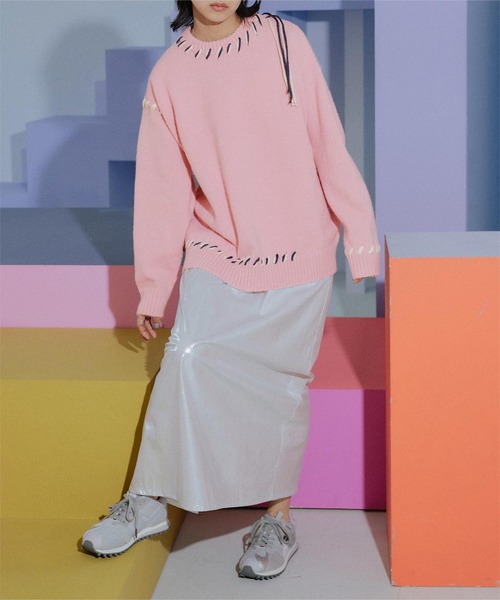 miette（ミエット）の「配色ｽﾃｯﾁｵｰﾊﾞｰｻｲｽﾞﾆｯﾄ（ニット/セーター・レディース・ピンク/グリーン/ブラック/アイボリー・FREE）」の9枚目の写真