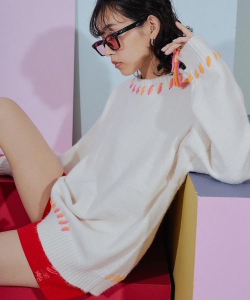 miette（ミエット）の「配色ｽﾃｯﾁｵｰﾊﾞｰｻｲｽﾞﾆｯﾄ（ニット/セーター・レディース・ピンク/グリーン/ブラック/アイボリー・FREE）」の22枚目の写真