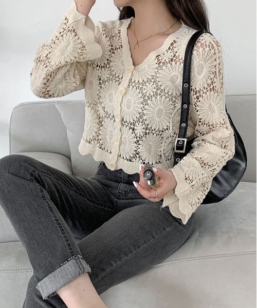 Port(ポート)の「透かし クロシェ編み フラワーレース スカラップカーデ / カーディガン #(カーディガン/ボレロ・レディース・ホワイト/ベージュ・FREE)」の8枚目の写真