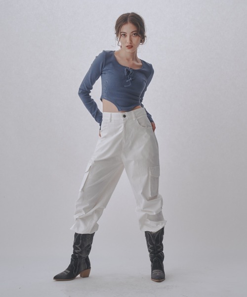 レースアップデザインカットトップス（Tシャツ/カットソー）｜JUST A