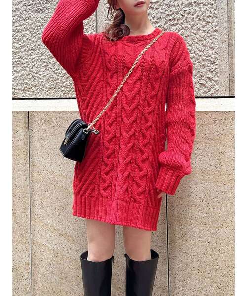 RESEXXY（リゼクシー）の「ケーブルニットチュニック（ニット/セーター・レディース・アイボリー/ブラック/レッド・FREE）」の3枚目の写真
