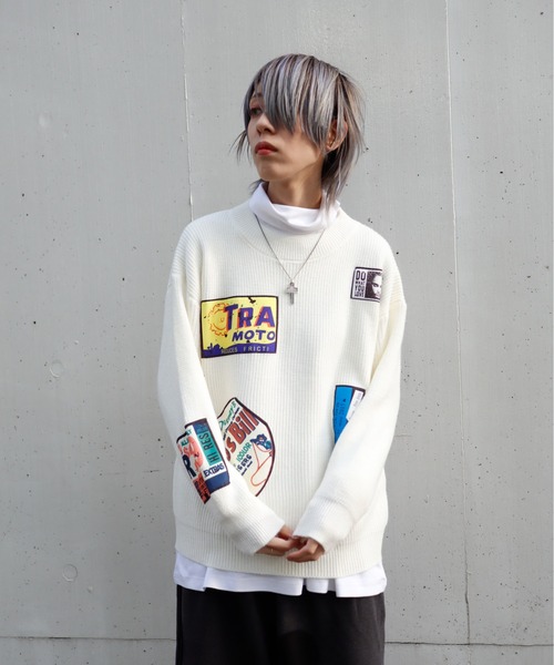 rovtski（ロフトスキー）の「パッチデザインニット（ニット/セーター・レディース・ブラック/ホワイト・FREE）」の7枚目の写真