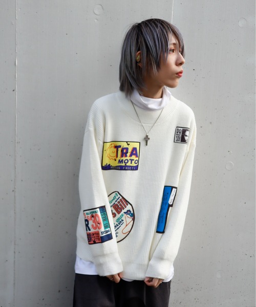 rovtski（ロフトスキー）の「パッチデザインニット（ニット/セーター・レディース・ブラック/ホワイト・FREE）」の9枚目の写真