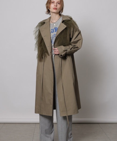 CADUNE チュールラッフル付ロングトレンチコート カーキ CADUNE チュールラッフル付ロングトレンチコート カーキ