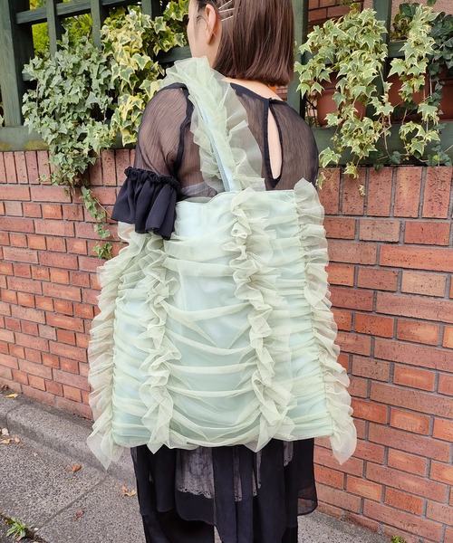 Casselini（キャセリーニ）の「【Casselini】チュールシャーリングトート 242-110517（トートバッグ・レディース・グリーン/アイボリー/ブラック/レッド/ブルー/ライトパープル/ライトベージュ・FREE）」の5枚目の写真