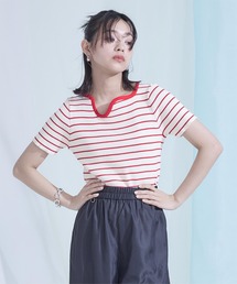 miette | ウェーブネックラインボーダー半袖トップス(Tシャツ/カットソー)