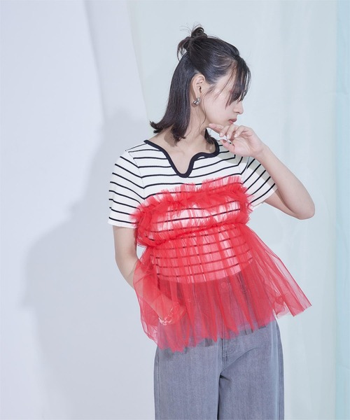 miette(ミエット)の「ウェーブネックラインボーダー半袖トップス(Tシャツ/カットソー・レディース・ホワイト系その他/ホワイト系その他2/ブラック系その他・FREE)」の5枚目の写真