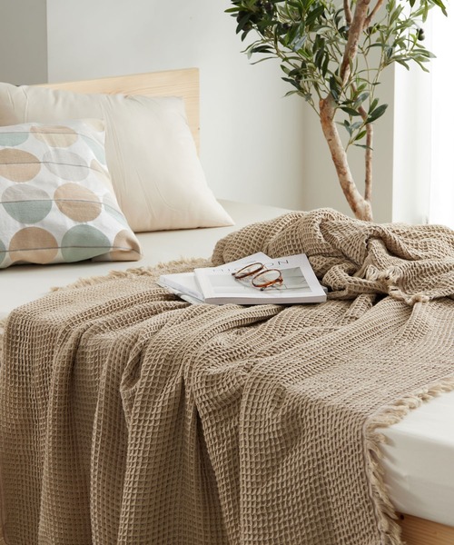 セール】綿素材のワッフルマルチカバー / フリンジ ソファカバー