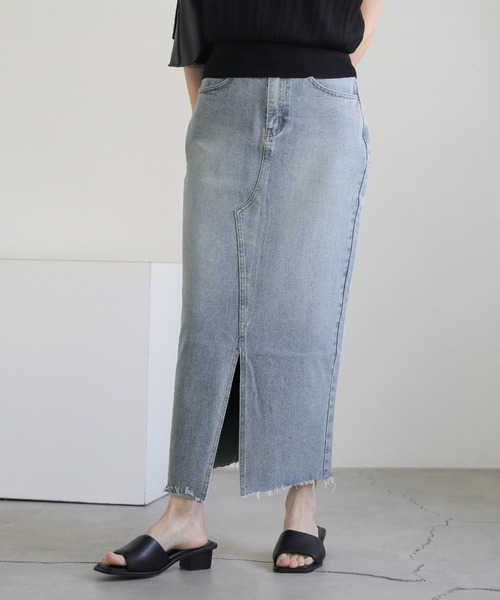 ◆関税込◆【Self-Portrait】デニム フロントスリット スカート ENC デニムスカート front slit denim skirt / フロントスリット