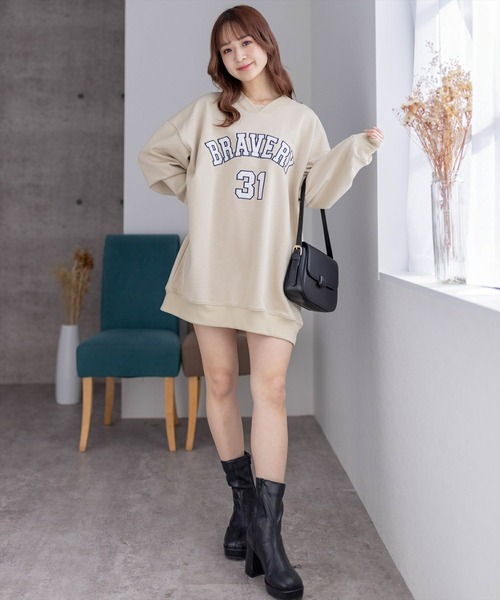 clear（クリア）の「ワッペンロゴVネックオーバースウェットワンピース≪2024SS新作≫（スウェット・レディース・杢グレー/ベージュ・F）」の15枚目の写真