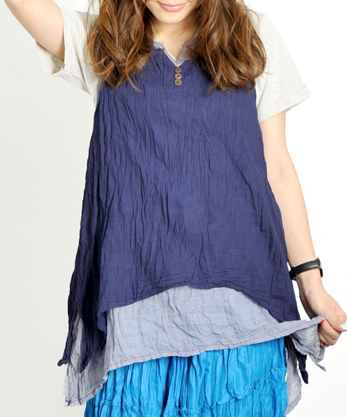 MARAI(マーライ)の「【MARAI】くしゅくしゅコットンノースリーブチュニック(シャツ/ブラウス・レディース・ライトグリーン系/ホワイト/ブラック/マスタード/ネイビー系・FREE)」の1枚目の写真