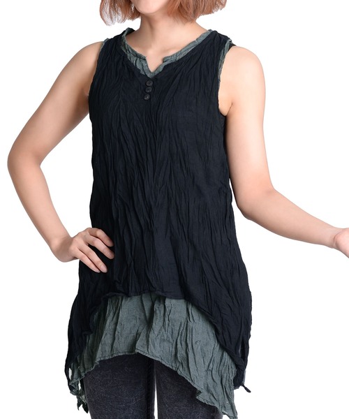 MARAI(マーライ)の「【MARAI】くしゅくしゅコットンノースリーブチュニック(シャツ/ブラウス・レディース・ライトグリーン系/ホワイト/ブラック/マスタード/ネイビー系・FREE)」の3枚目の写真